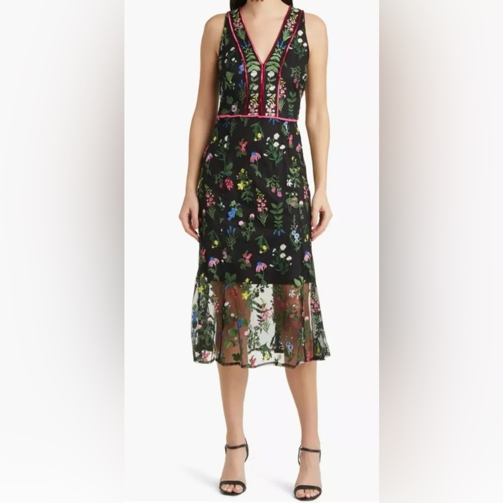 Sam Edelman Size 6 Black with Colorful Embroidered Flowers Midi Dress VNeck